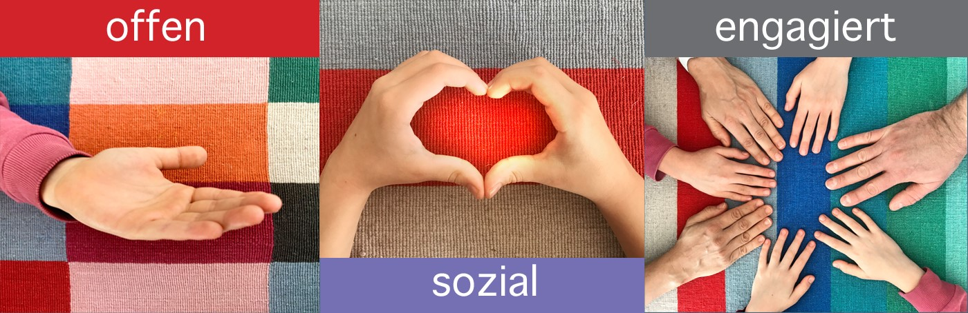 Leitbild: offen, sozial, engagiert. Eine offene Hand, zwei Hände in Herzform und mehrere kreisförmig angeordnete Hände.